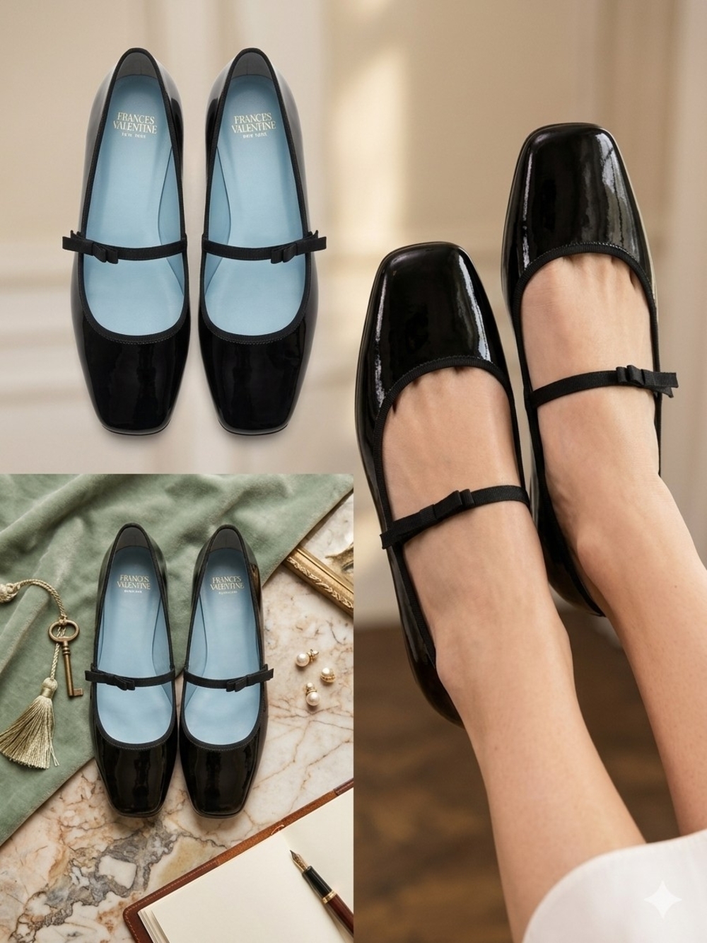 Frances Valentine Black Patent Mary Jane Flats with Bow Strap